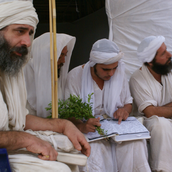 Mandaean priests and followers studying sacred texts.
